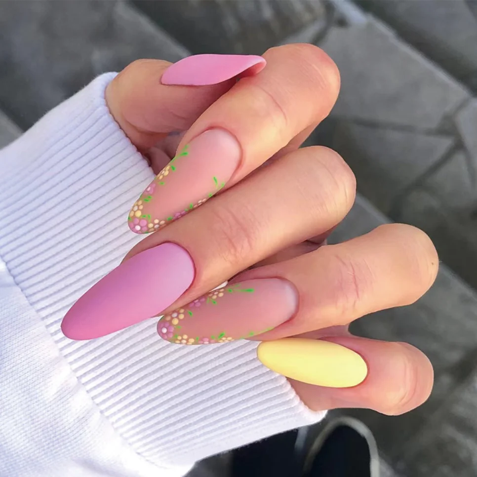 

24Pcs Seamless Removable Nail Art Fake Nails Handmade Long Ballerina Press on Nail Set Yellow Pink Wearing Reusable False Nails