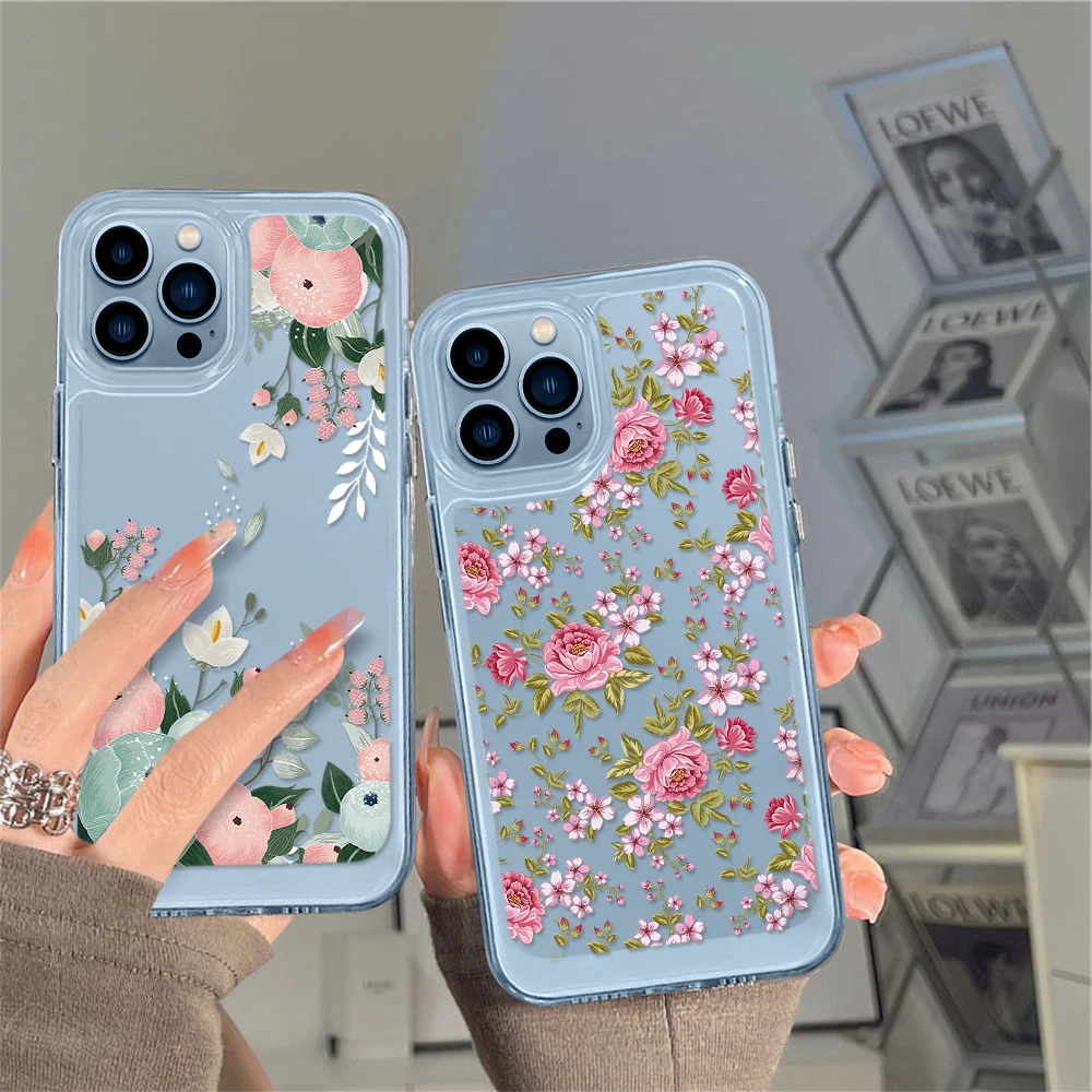 

Rose Flower Transparent Phone Case for iPhone 14 13 12 11 Pro Max Mini XS XR X Shell Back Cover for iPhone14promax Coque Fundas
