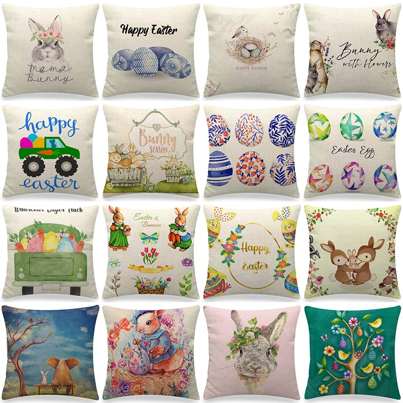

45x45cm Easter Eggs Printed Cushion Cover Indoor Couch Decor Pillow Cover Easter Decorations Bunny Truck Linen Throw Pillowcase