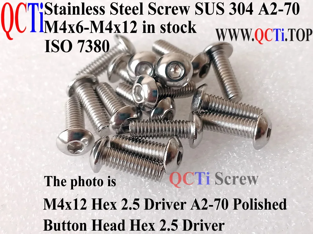 

ISO 7380 Stainless Steel screw M4x4 M4x5 M4x6 M4x8 M4x10 M4x12 Button Head Hex 2.5 Driver A2-70 Polished 50 pcs QCTi Screw