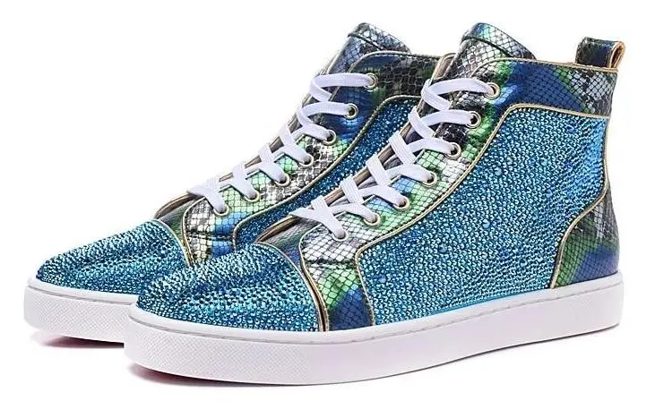 

Moraima Snc Men Shoes Round Toe Sky Blue Crystal Embellished Fashion Shoe Lace-up High Top Sneaker Casual Shoe
