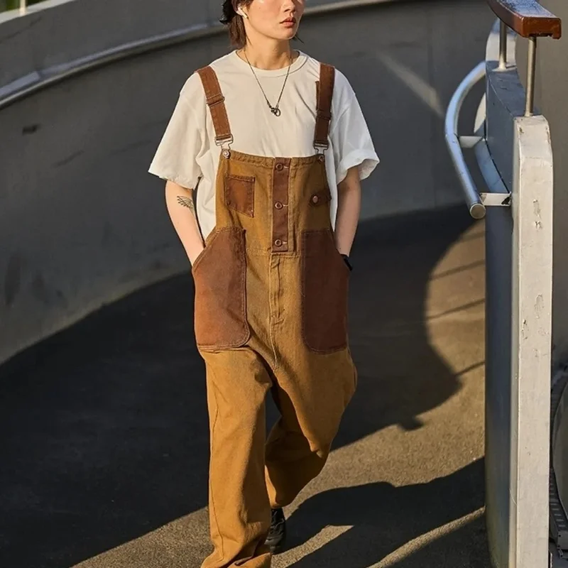

New Japanese retro Hong Kong flavor brown color matching neutral overalls American couple loose one-piece straight overalls tide