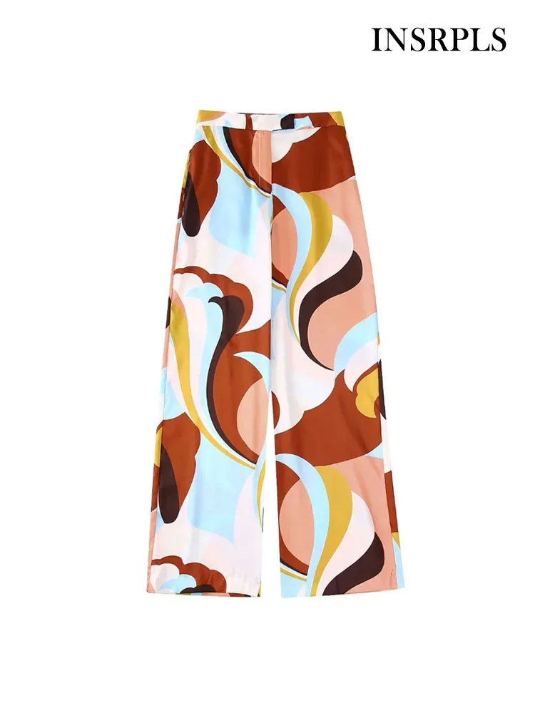 

INSRPLS Women Fashion Front Pockets Printed Wide Leg Pants Vintage High Waist Zipper Fly Female Trousers Mujer