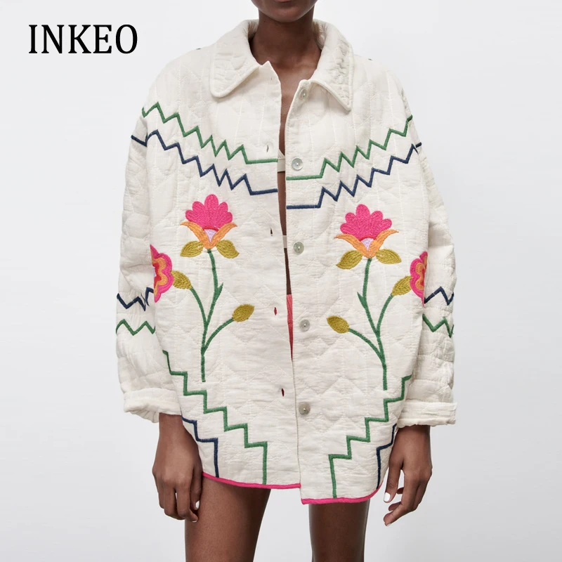 

Women Oversized Quilted Jacket Floral Embroidery Coat 2022 Autumn Winter Turn down collar Padded parkas Overshirt INKEO 2O109