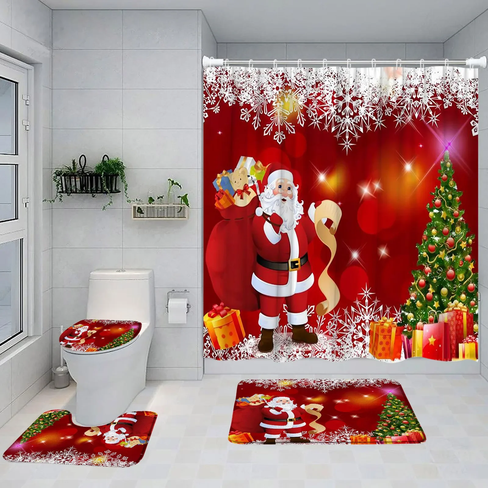 Забавный Санта-Клаус Рождественский комплект занавесок для душа Снежинка