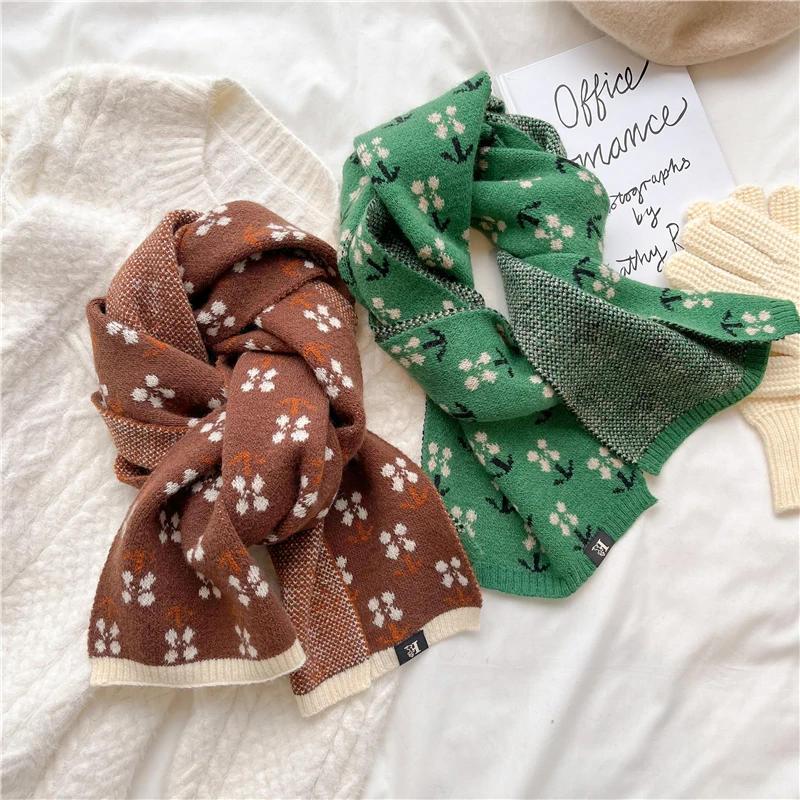 Цветочный вязаный шарф для женщин зимний модный теплый узкий кашемировый шейный платок Дамская шаль и шарф Bufanda 2022