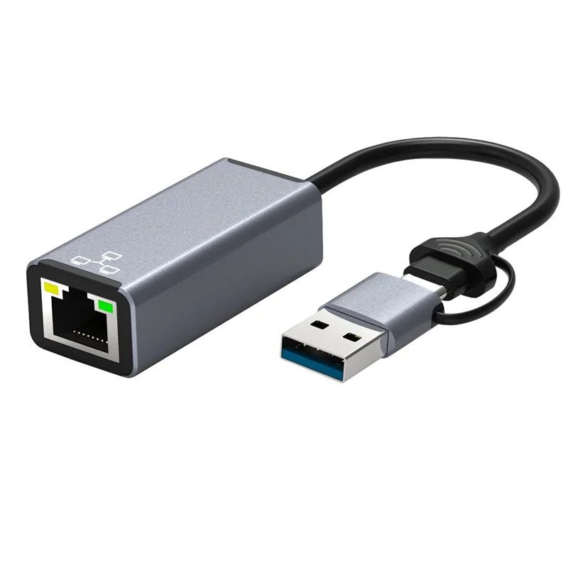 Сетевой адаптер с двумя разъемами USB A/USB C сетевой RJ45 Ethernet внешняя сетевая карта