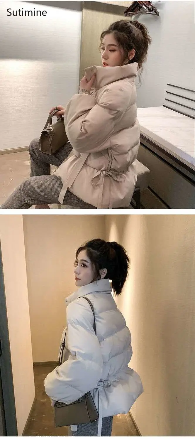 Winter Clothes Women Office Lady Pockets Women Short College Style Cotton Padded Jacket Lace-up Zipper Winter Coat Women