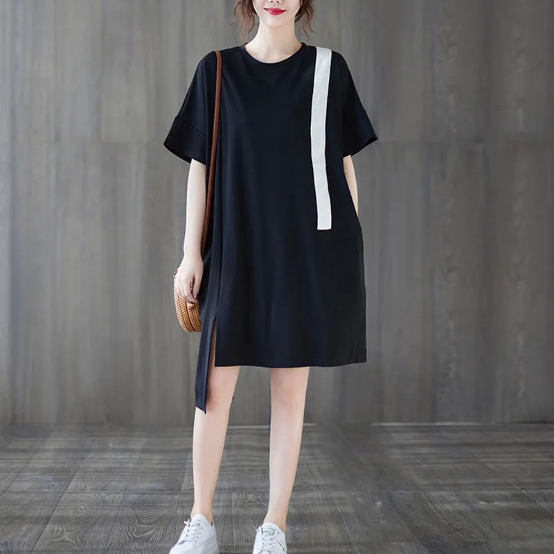 

DAYIFUN Black Irregular T Shirt Women Short Sleeves Spliced Color Sexy Straight T-shirt Dresses Knee-length O-neck Loose Summer