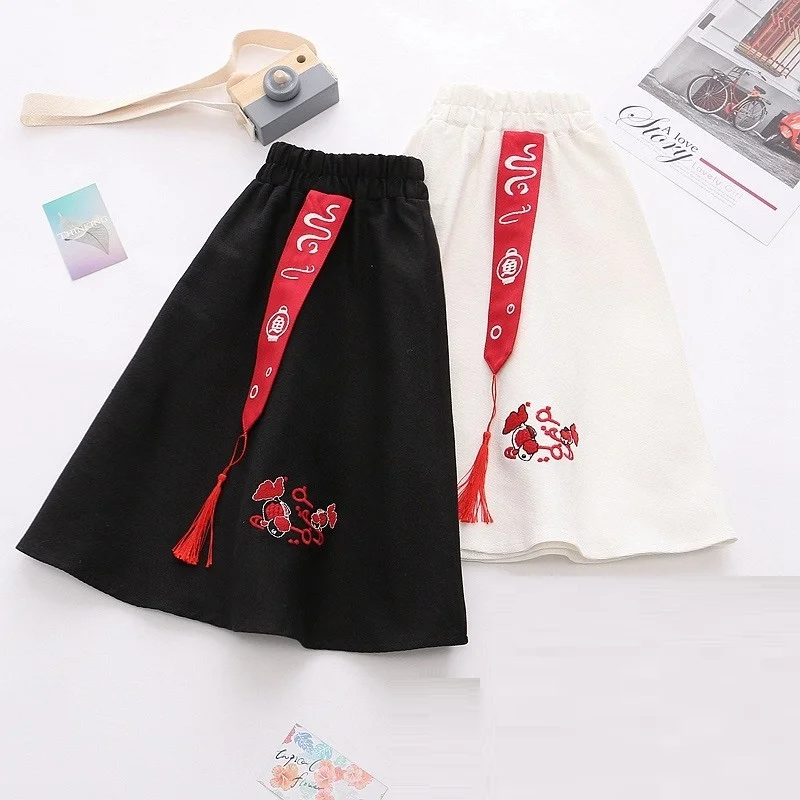 Японская Милая юбка-кимоно женская черная белая юбка с вышивкой кои винтажная