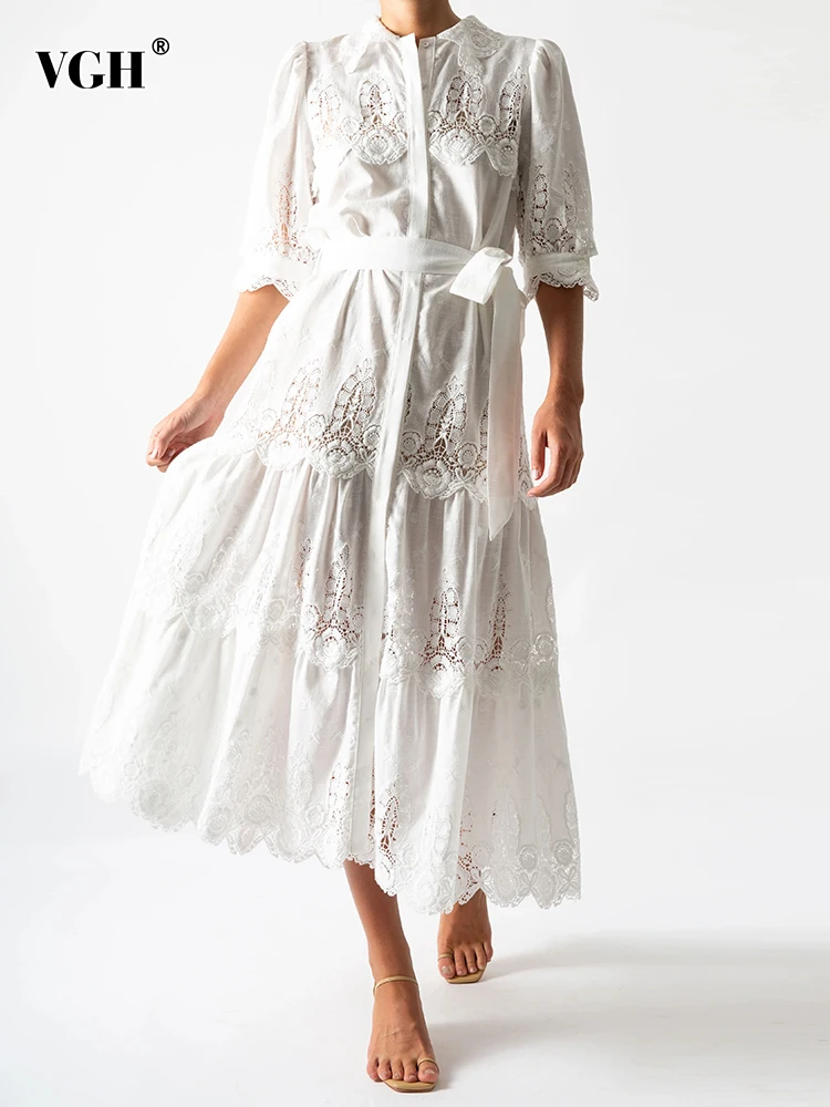 

Женское кружевное платье с отложным воротником VGH, облегающее лоскутное платье средней длины с коротким рукавом и высокой талией, на шнуровке, летняя одежда 2023