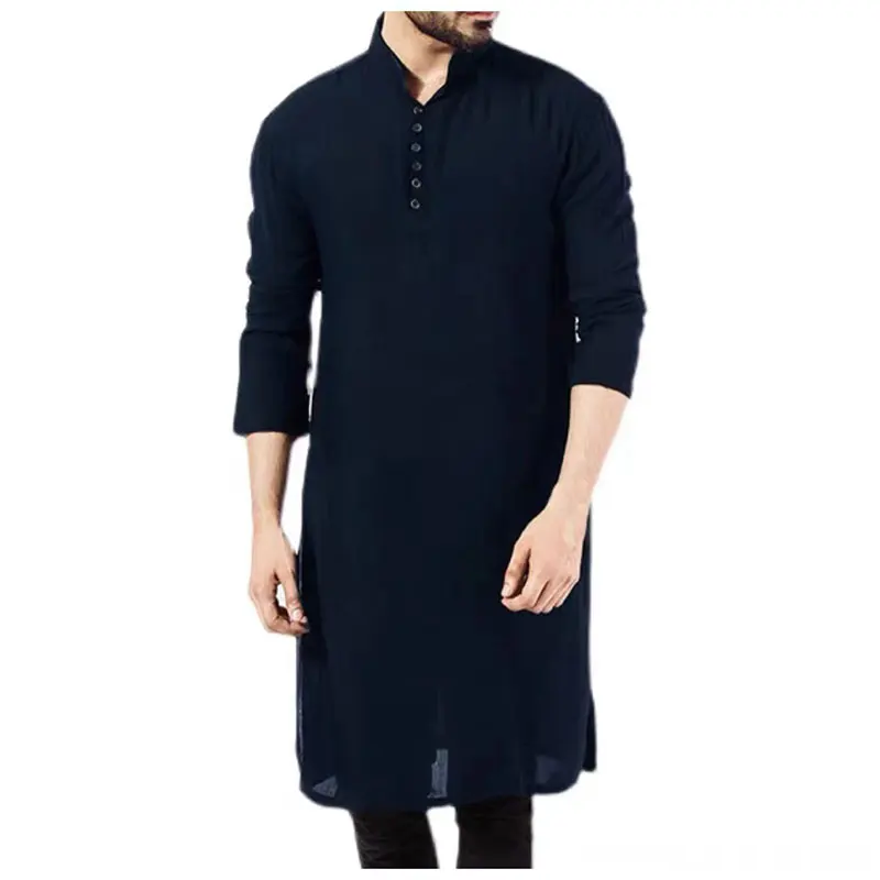Suéter Abaya islámico para hombre, Camisa larga Simple de moda de estilo árabe, Color sólido, con cuello levantado y botón, novedad de verano
