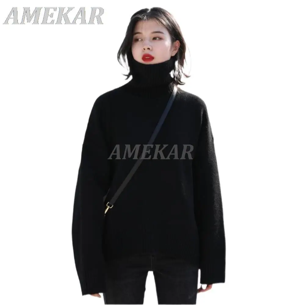 

Korean Women's Loose Turtleneck Sweaters Pullover Warm Solid Knitted Knitwear Basic Female Tops Autumn Winter 2022 Simple Casual