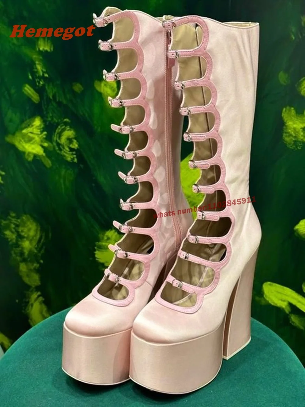 Ботинки розовые на толстой подошве с боковой молнией квадратный каблук