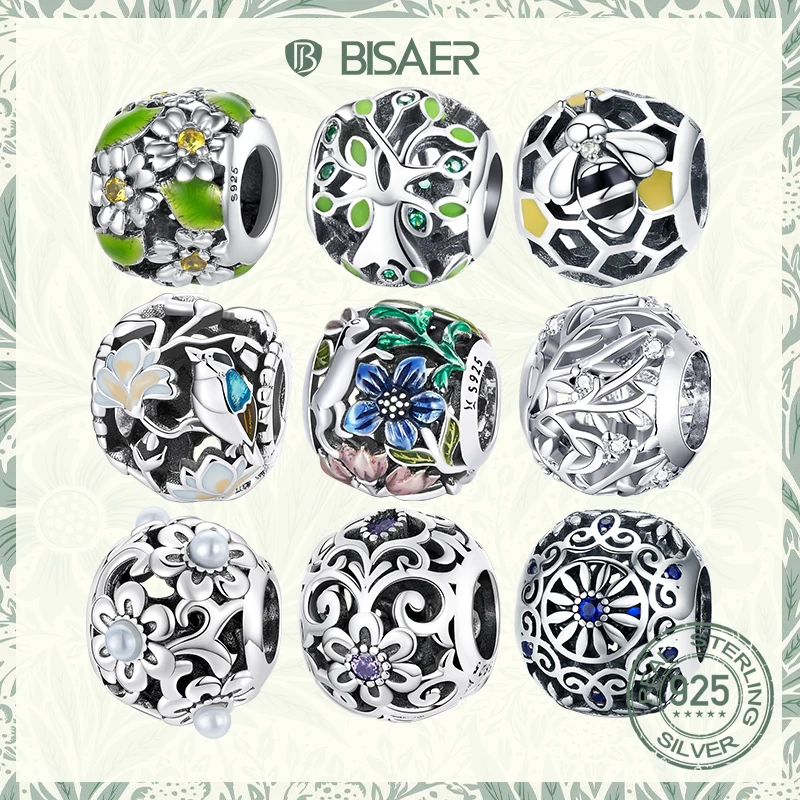 

BISAER Flower Charm 925 Sterling Silver Daisy Butterfly Tree Round Zircon Charms for Original Women DIY Bracelets Fine Jewelry