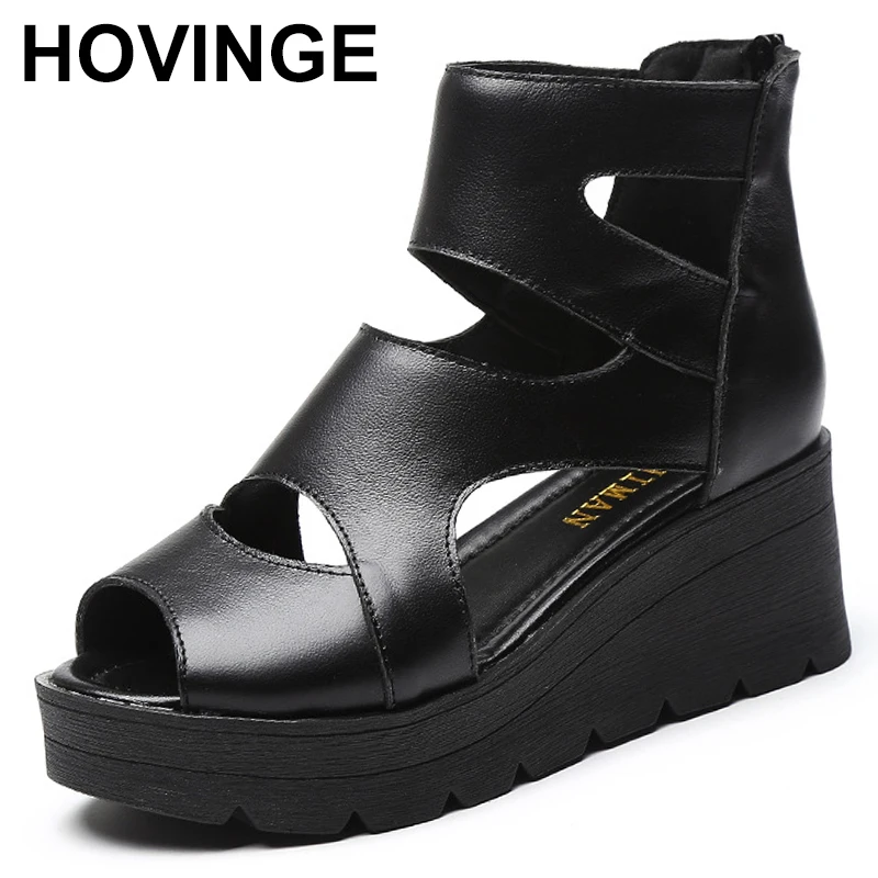 

2023 Summer Fish Mouth Summer Women's Sandals Black Shoes Sweet Genuine Leather Sandals Increase Platform Shoes Wedges Sandals