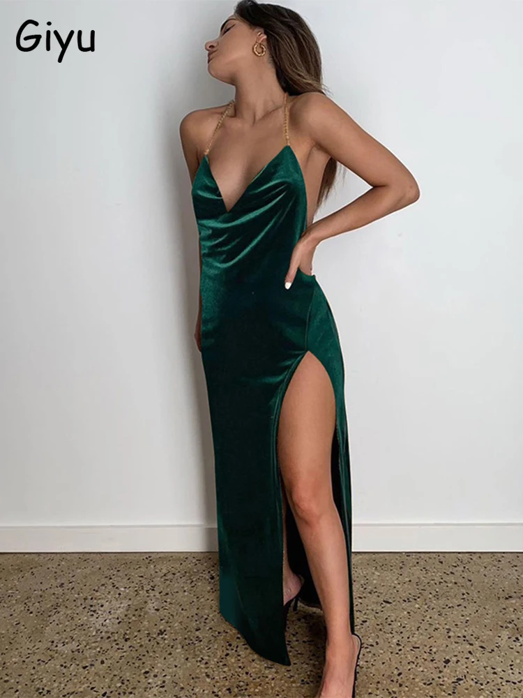 

Giyu Elegant Halter Backless High Split Vestidos Sexy Bodycon Maxi Long Dresses Women Winter Club Party Velvet Lace Up Dress