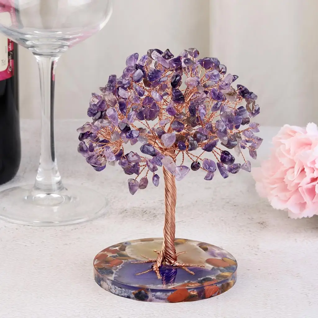 Natural Crystal Stone Money Tree With Agate Slice Base Bonsai Tree Feng Shui Decoration For Wealth And Luck Home Decor