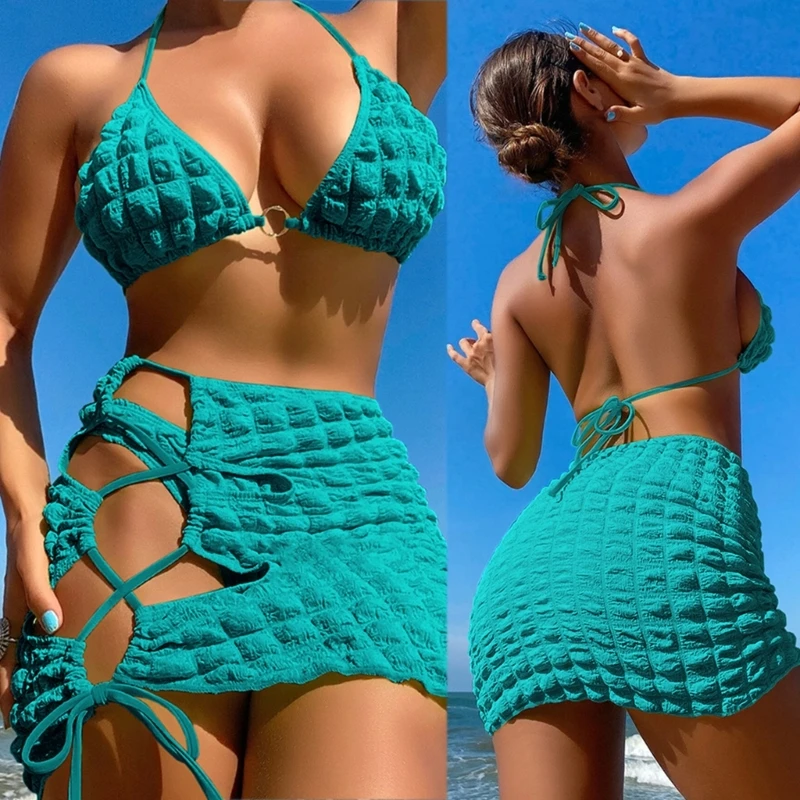 

Womens 3 Pieces Lace Up Swimwear Sexy Halter Bikinis Solid Bathing Suit H58D