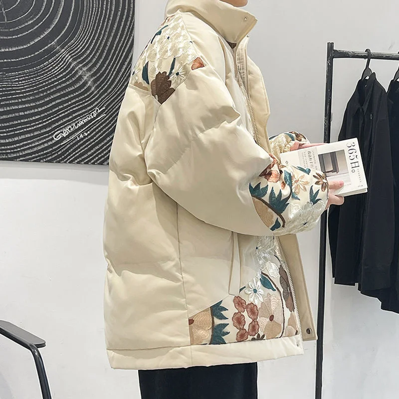 Winter Embroidered Jacket Men Warm Fashion Casual Thickened Jacket Men Japanese Streetwear Loose Short Coat Mens Parker M-5XL