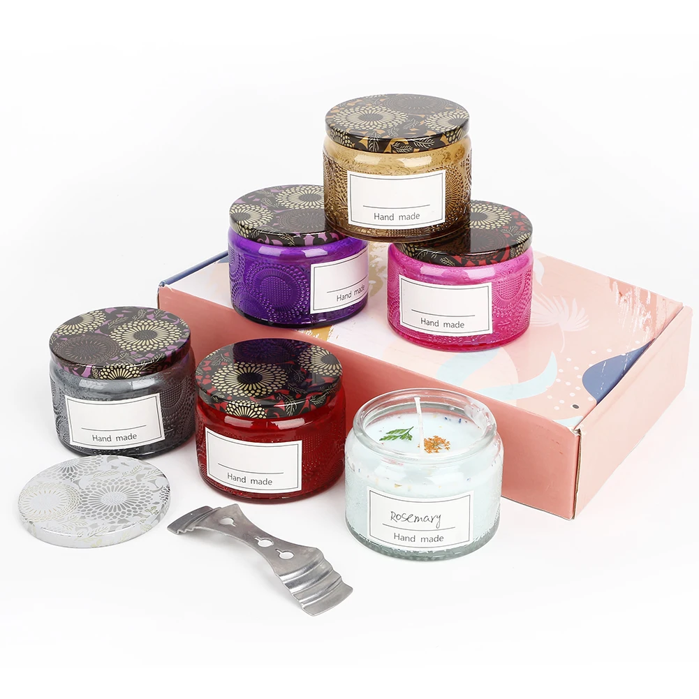 

6pcs Pack Jar &12 Labels Embossed Glass Candle Container Kits Empty Round Candle Making Mason Jars DIY Aromatherapy Cup