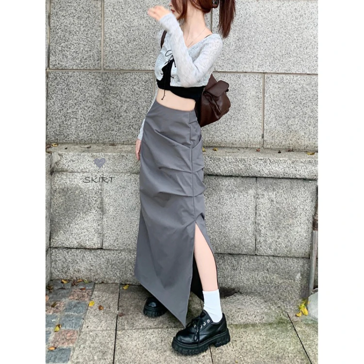 

Harajuku Vintage Ruched Split Skirt for Women Summer Grunge High Waist Skirts Y2k Aesthetics Mid-length A-line Faldas Mujer