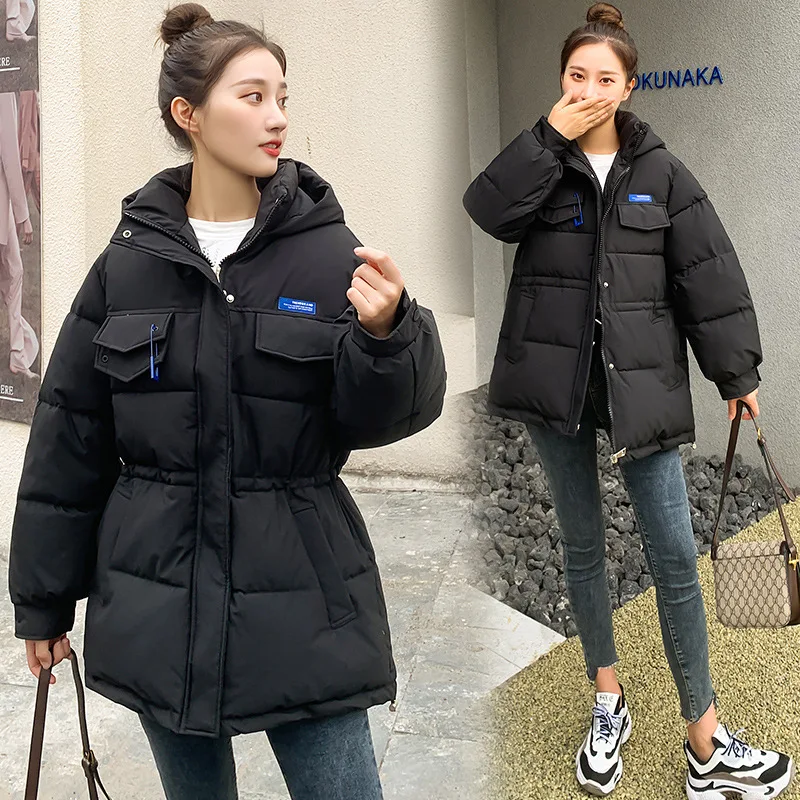 2022 Winter New Loose Cotton Coat Women's Mid-length Student Coat Waist Thin and Thick Bread Coat Cotton Coat