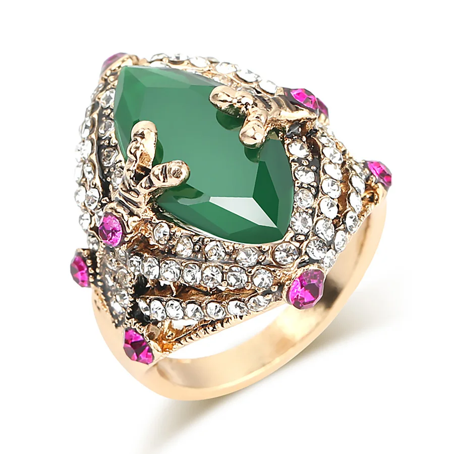 

2022 Fashion Turkish Green Resin Ring Antique Gold Color Accessories Shiny Women Party Crystal Flower Vintage Rhinestone Rings