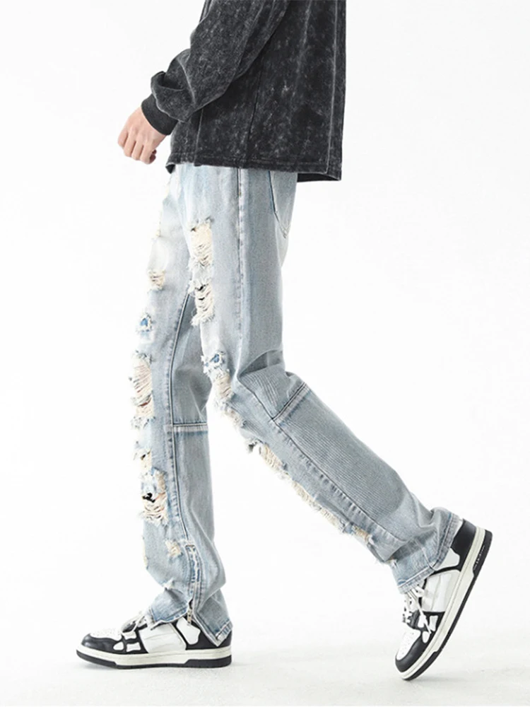 Original Ripped Jeans for Men Vintage Wash Hole Loose Micro Horn Jeans Trousers High Street Men Clothing Streetwear Denim Pants