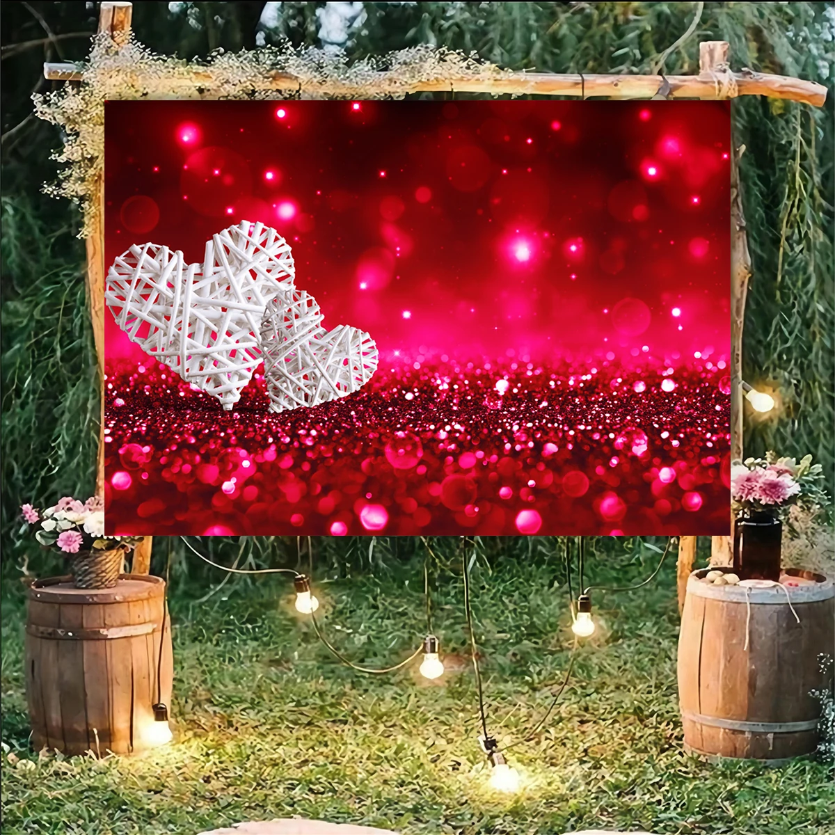 

10x6ft Fabric Wedding Anniversary Party Backdrop Banner Red Fantasy Heart We Are Married Photography Wall Background Decorations