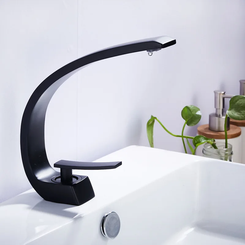 

Black Faucet Bathroom Sink Faucets Hot Cold Water Mixer Crane Deck Mounted Single Hole Bath Tap Chrome Finished
