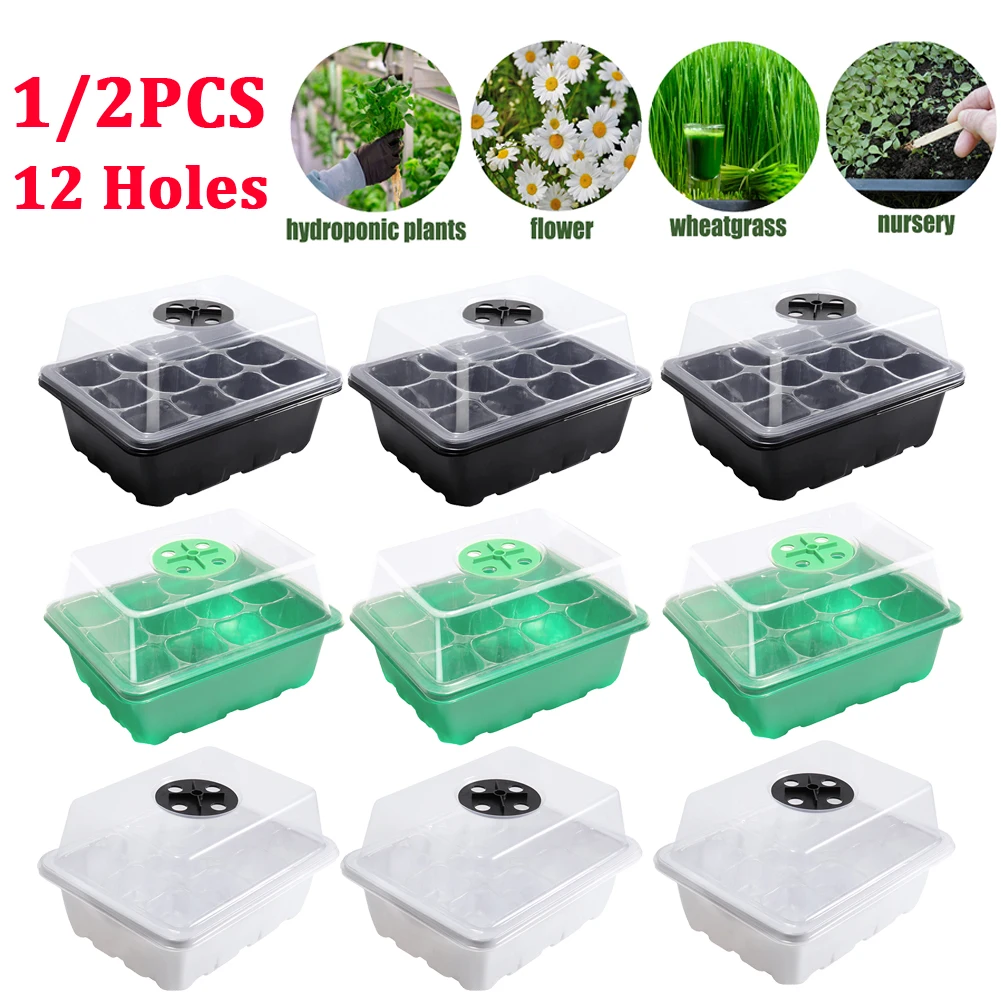 12 Grids Seed Starter Kit Plant Seeds Grow Box Seedling Trays Germination Box with Dome and Base For Seedlings Indoor Gardening
