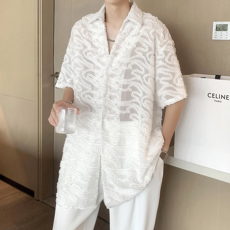 Summer Thin White Sheer Shirt Men Fashion Society Mens Dress Shirt Korean Loose Short Sleeve Shirt Mens Casual Shirt M-2XL