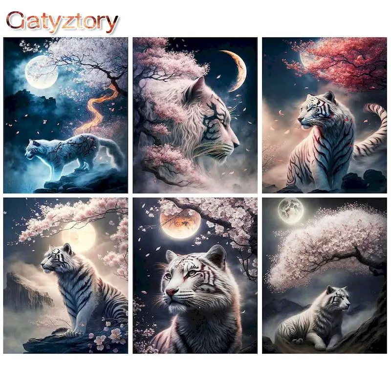 

GATYZTORY Diy 40x50cm Painting By Numbers For Adults Animals Under the Moon Tiger Picture Drawing Home Decoration Paint Kit