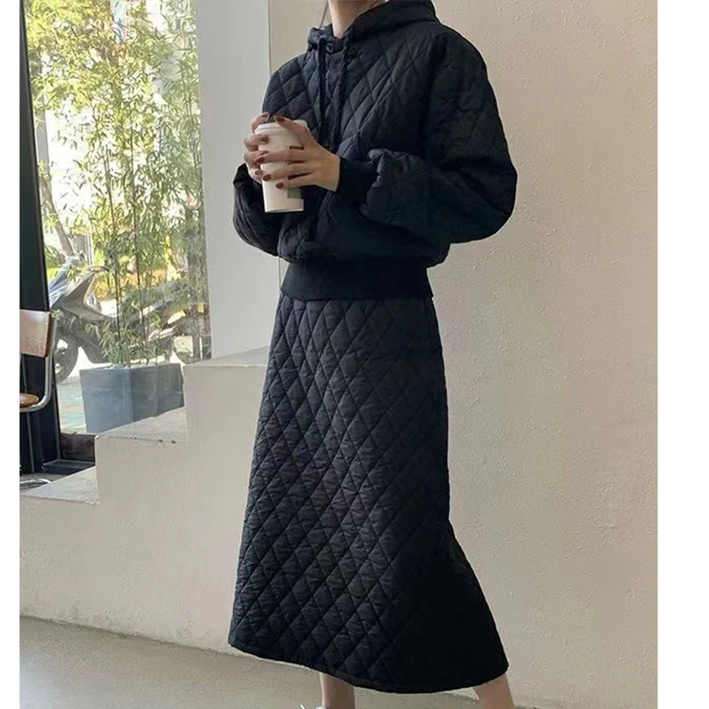 Autumn and Winter Fashion Lingge Hooded Cotton Dress Suit A-line Skirt Warm Top Two-piece Set
