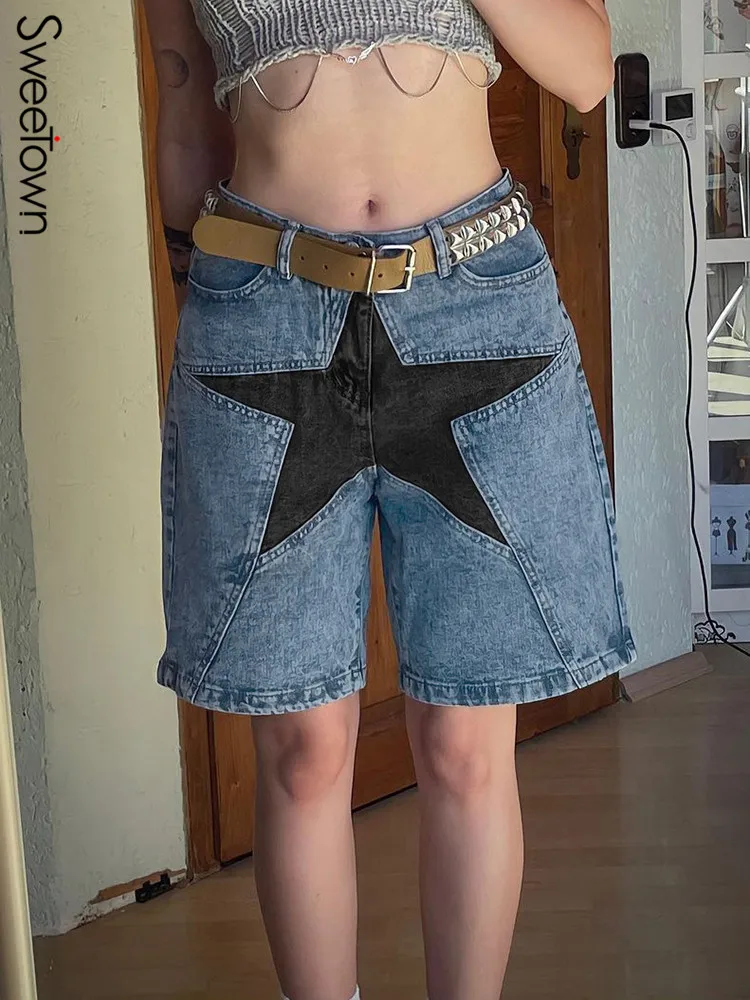 y2k Star Patchwork Cargo Shorts Women Harajuku Low Waist Denim Short Vintage Streetwear Blue Baggy Bottoms Grunge 2000S