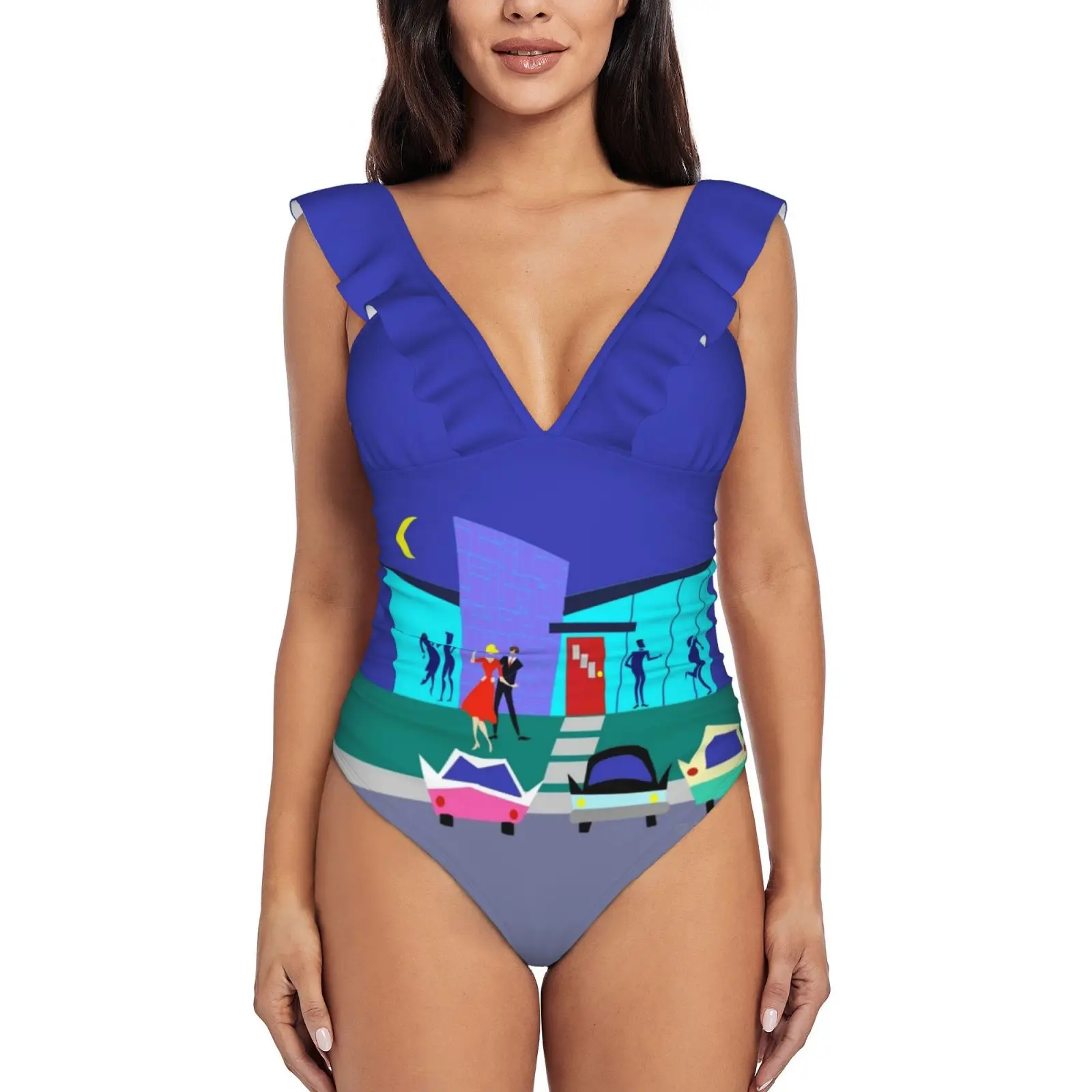 Retro Open House Party Sexy One Piece Swimsuit Women Swimwear Monokini Ruffle Bathing Suit Beach Wear Couple Dancing The Cha