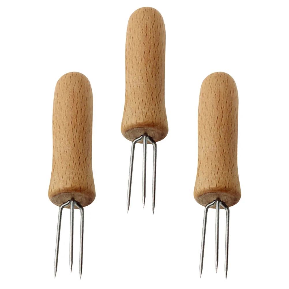

3pcs Stainless Steel Forks Wood Handle Fruit Picks Corn Forks Kitchen Supply