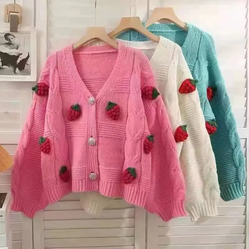 

2023 Women Harajuku Strawberry Loose Cardigan Sweater Fall Fashion Long Sleeve Korean Tops Chic Female Preppy Style Y2k Sweater