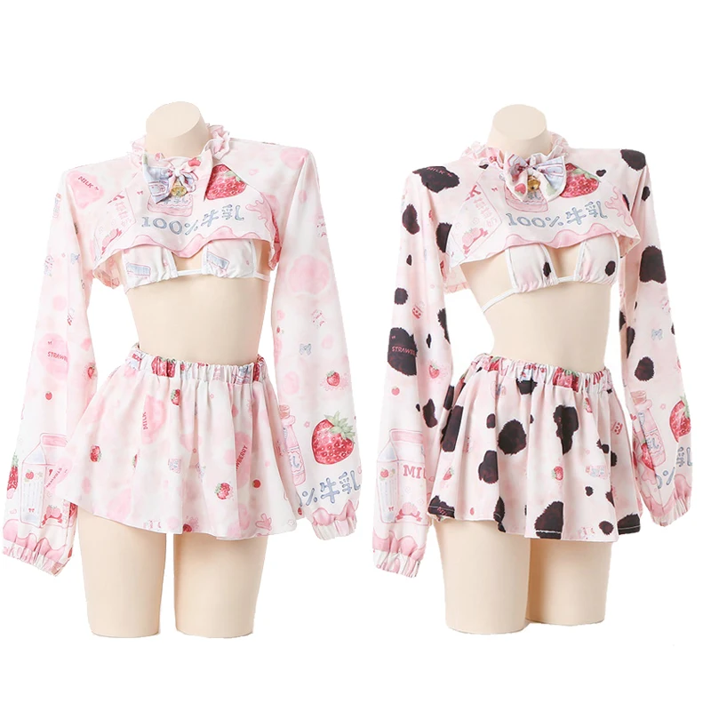 Anime Maid Outfit Cosplay Uniform Pink Lolita Dresses Cow Girl Strawberry Long Sleeve Hollow Out Bikini Skirt Tops Set Costumes