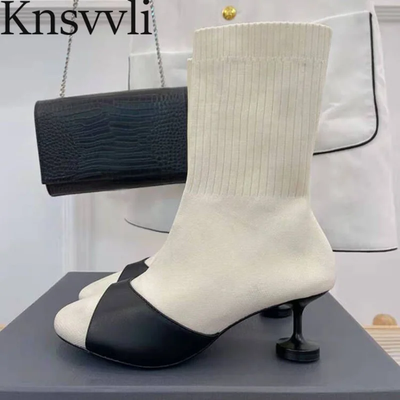 

New High Heel Sock Boots Women Leather Patchwork Knitting Boots Round Toe Slip-on Runway Shoes Women Stretch Short Boots Female