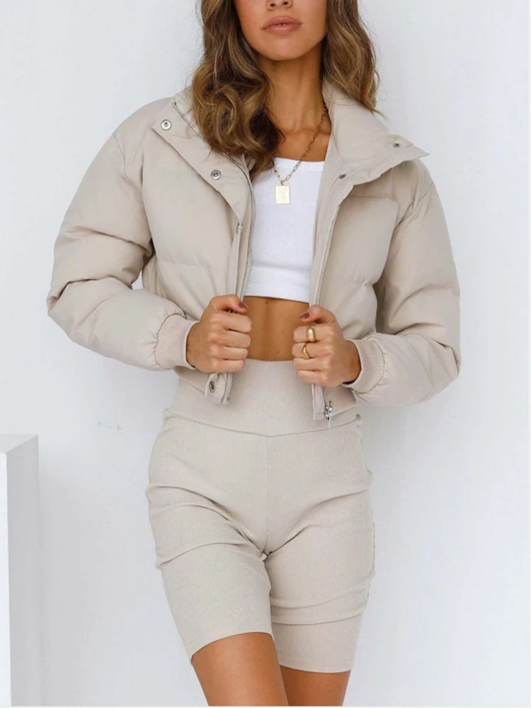 Women's Winter Long Sleeve Zip Puffer Jacket Baggy Short Down Coats