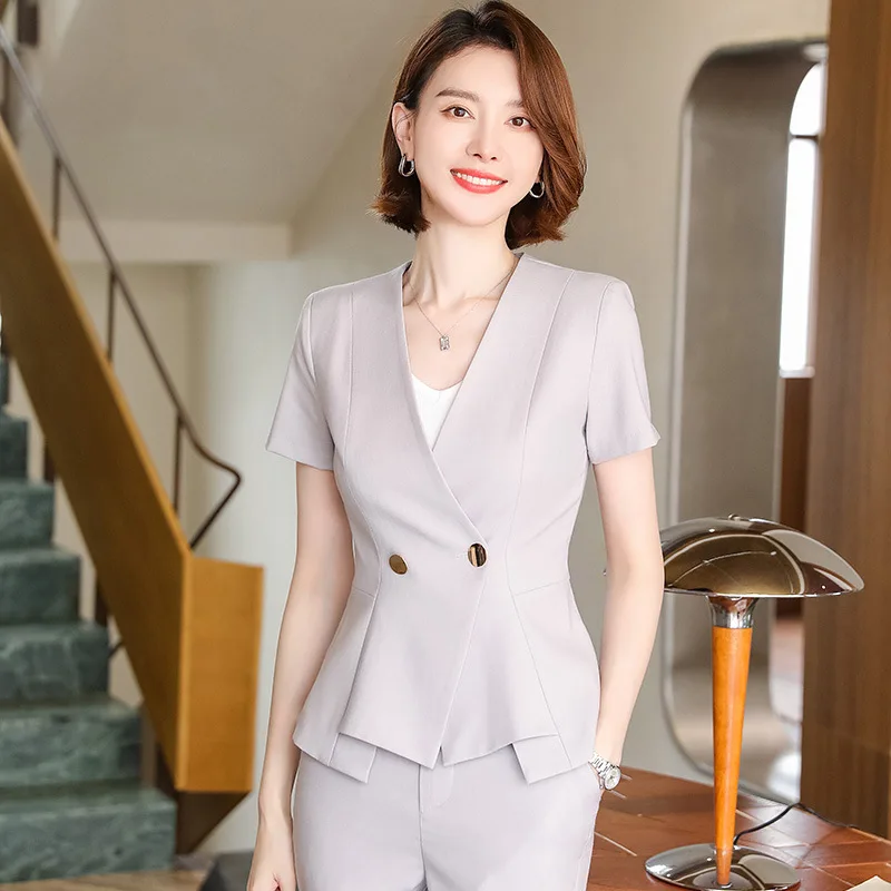 Formal Women Business Suits with 2 Piece Set Summer Short Sleeve Pants and Tops Office Work Wear Professional Blazers Pantsuits