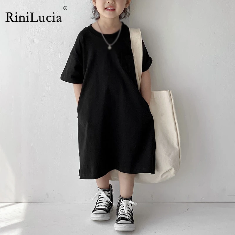 

RiniLucia 2022 New Hot Fashion O Neck Cotton Solid Midi Dress Short Sleeve Female Baby Children Dress Children Clothes Girl