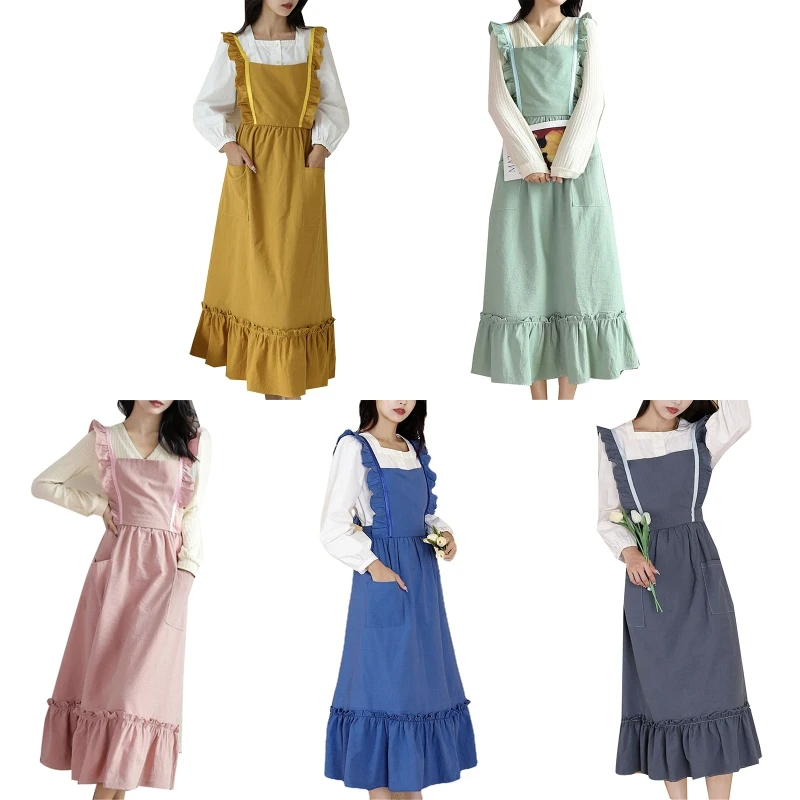 

Japanese Style Lace Art Apron Cross Back Adjustable Waist Strap Bib with Pockets Washable for Florist and Kitchen Baking Uniform