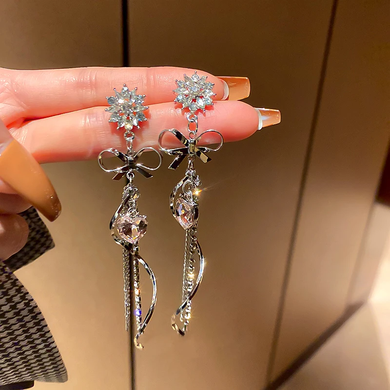 

French Romantic Diamond Bow Tassel Pink Love Pendant Earrings For Women Korean Fashion Earring Daily Birthday Party Jewelry Gift