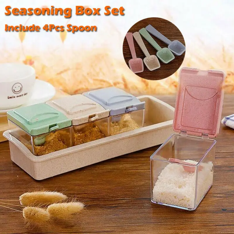 

Multifunctional Wheat Straw Seasoning Box With Spoon 4 Compartments Separated Seasoning Box Pepper Monosodium Glutamate Jar