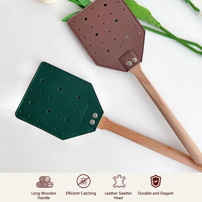 

Fly Swatter Racket Extended Leather Swatter Wooden Handle Stainless Steel Rivets Aerodynamically Summer Essentials With Lanyard