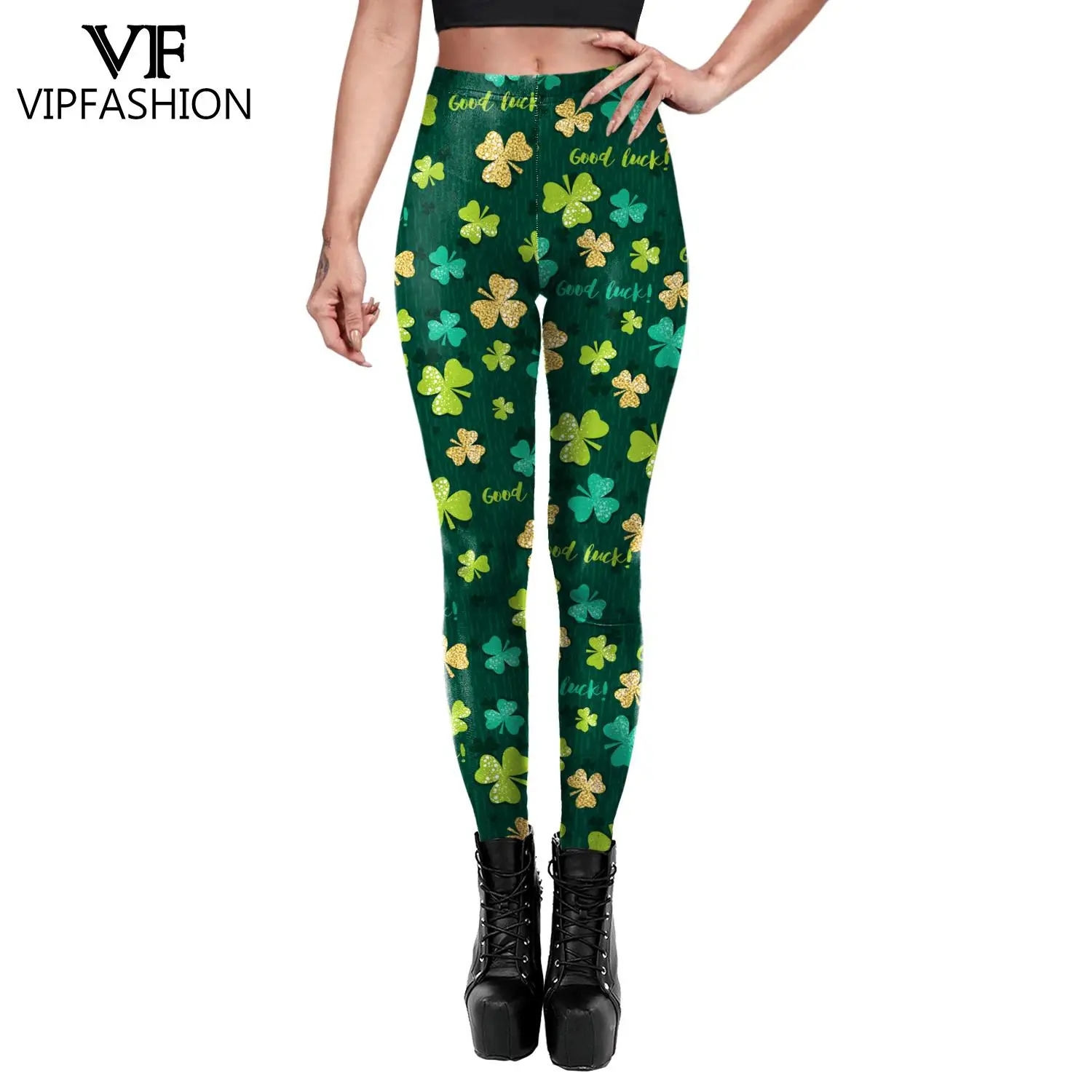 

VIP FASHION St. Patrick's Day Leggings Four Leaf Clover Print Pants Holiday Party Streetwear Women Elastic Workout Bottom