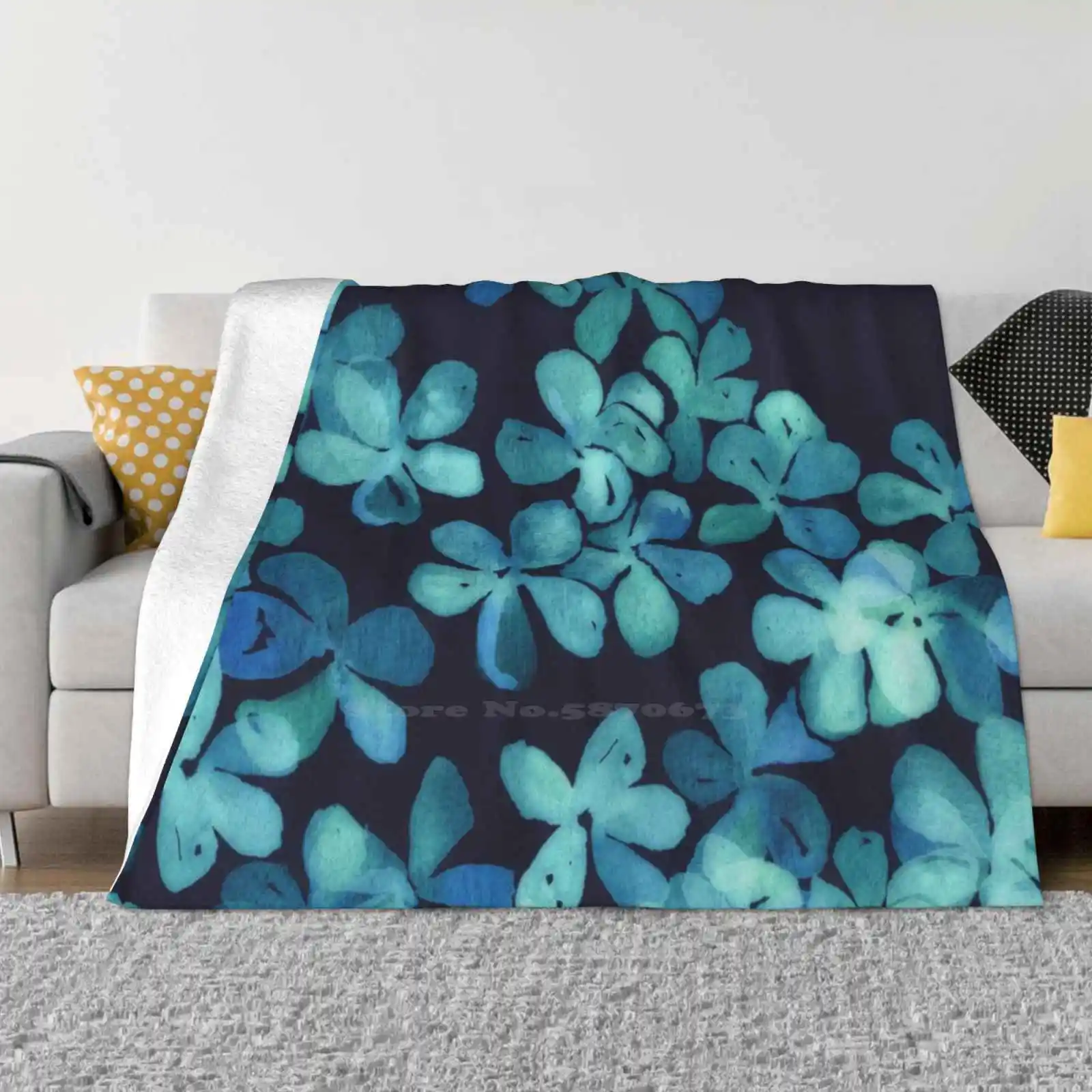 

Hand Painted Floral Pattern In Teal & Navy Blue New Arrival Fashion Leisure Warm Flannel Blanket Blue Flowers Floral Painted